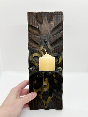 Vtg Carved Wood Metal Wall Sconce Candle Spain Medieval Gothic Boho Witchy